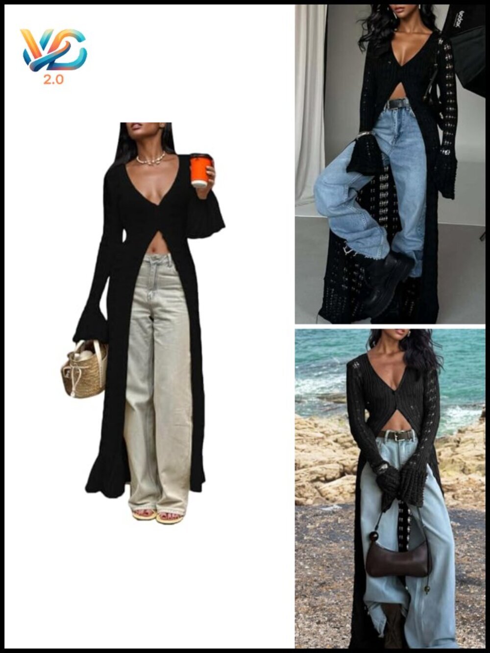 Long Cardigan Crochet Hollow Out Knit Sweater Cover Up Maxi Dress Button Down